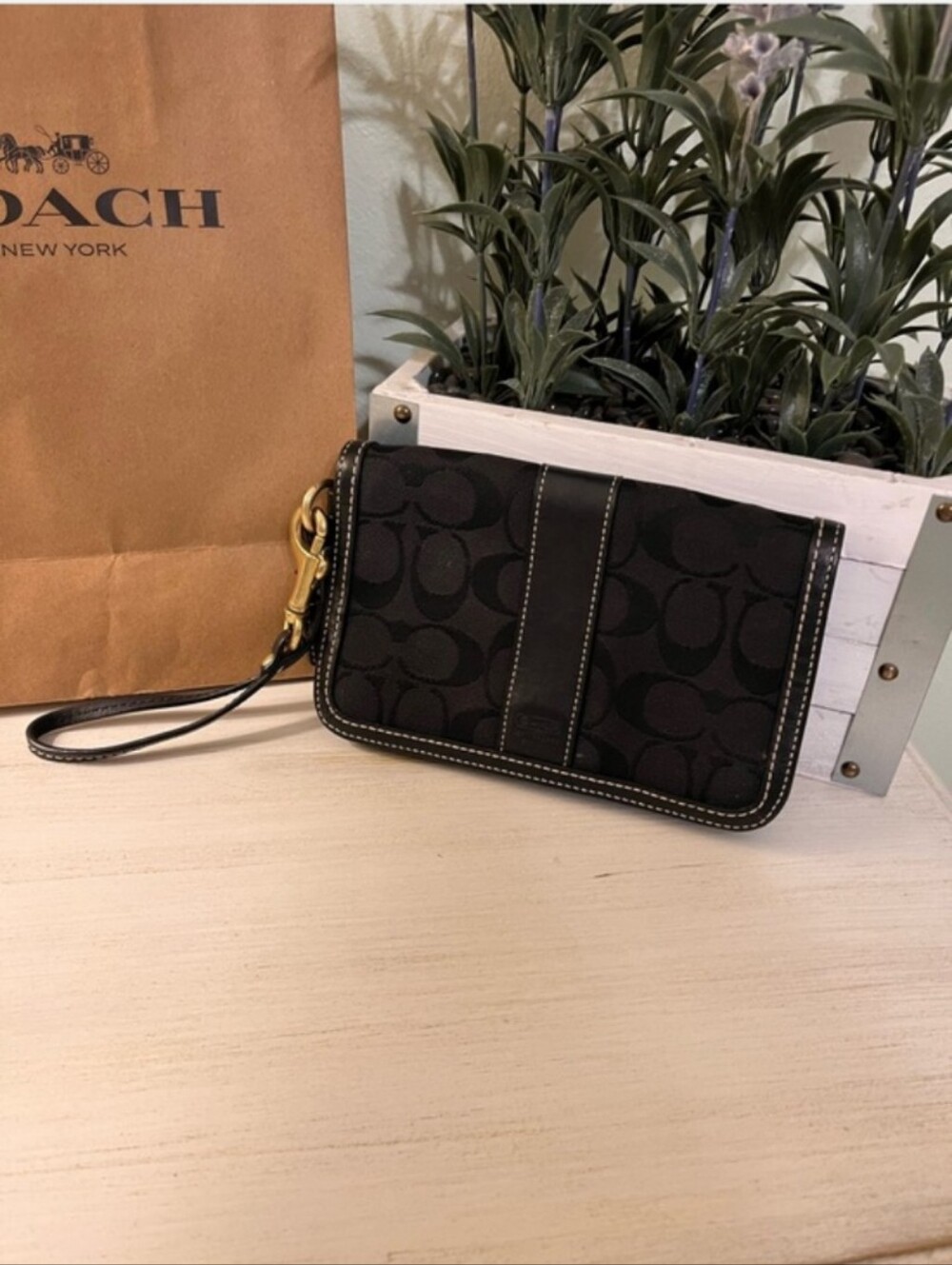 Coach Black Signature Jacquard Flap Wristlet NWOT
